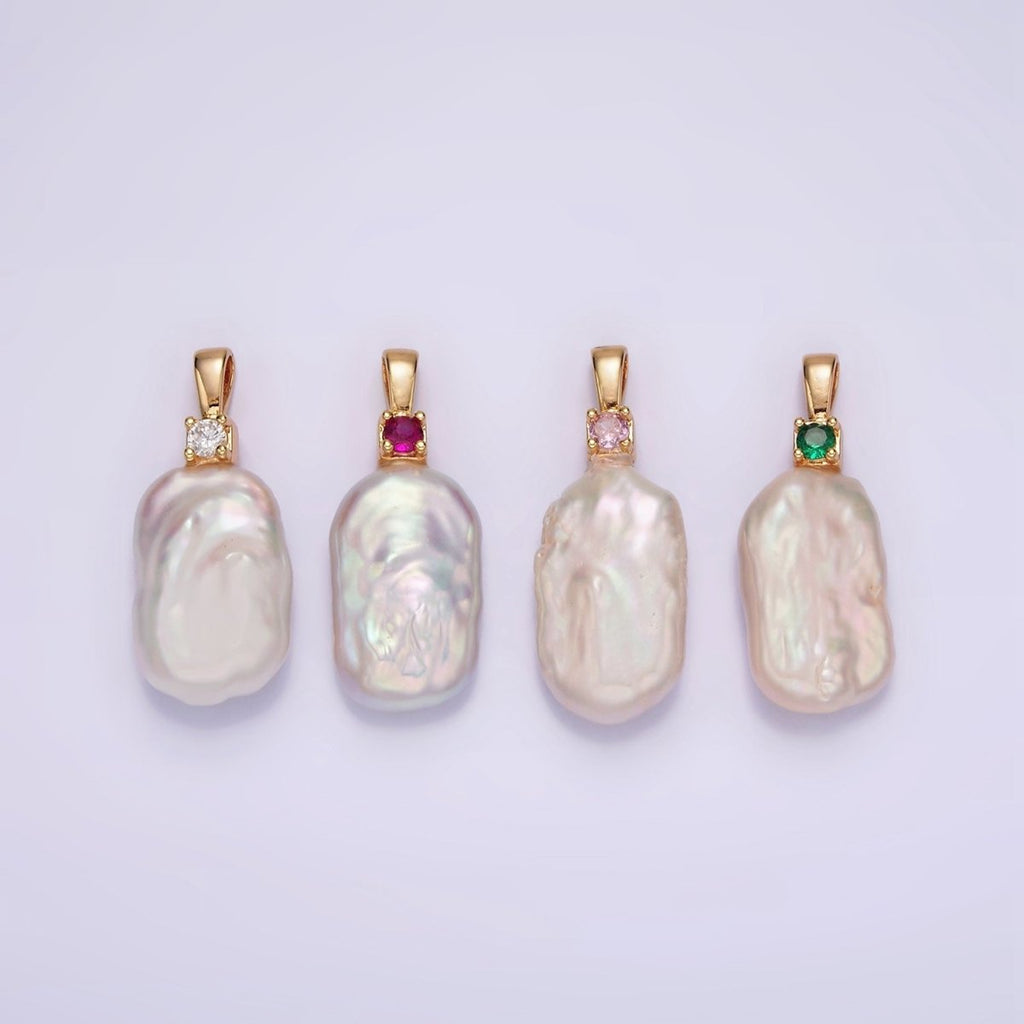 14K Gold plated 10mm White Rectangular Biwa Freshwater Pearl Green, Pink, Clear, Fuchsia CZ Pendant | P1600 - P1603 - DLUXCA