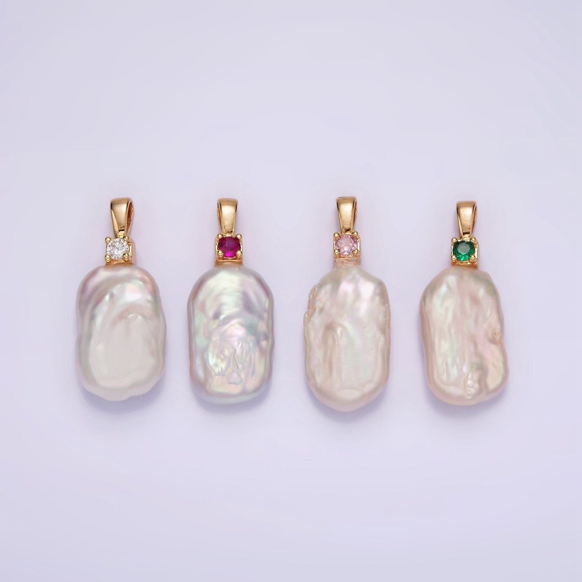 14K Gold plated 10mm White Rectangular Biwa Freshwater Pearl Green, Pink, Clear, Fuchsia CZ Pendant | P1600 - P1603 - DLUXCA