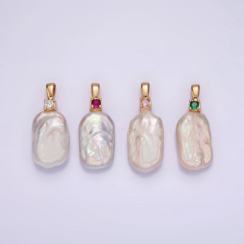 14K Gold plated 10mm White Rectangular Biwa Freshwater Pearl Green, Pink, Clear, Fuchsia CZ Pendant | P1600 - P1603 - DLUXCA