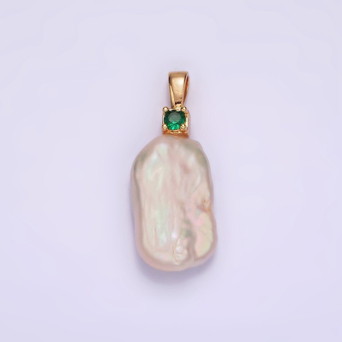14K Gold plated 10mm White Rectangular Biwa Freshwater Pearl Green, Pink, Clear, Fuchsia CZ Pendant | P1600 - P1603 - DLUXCA