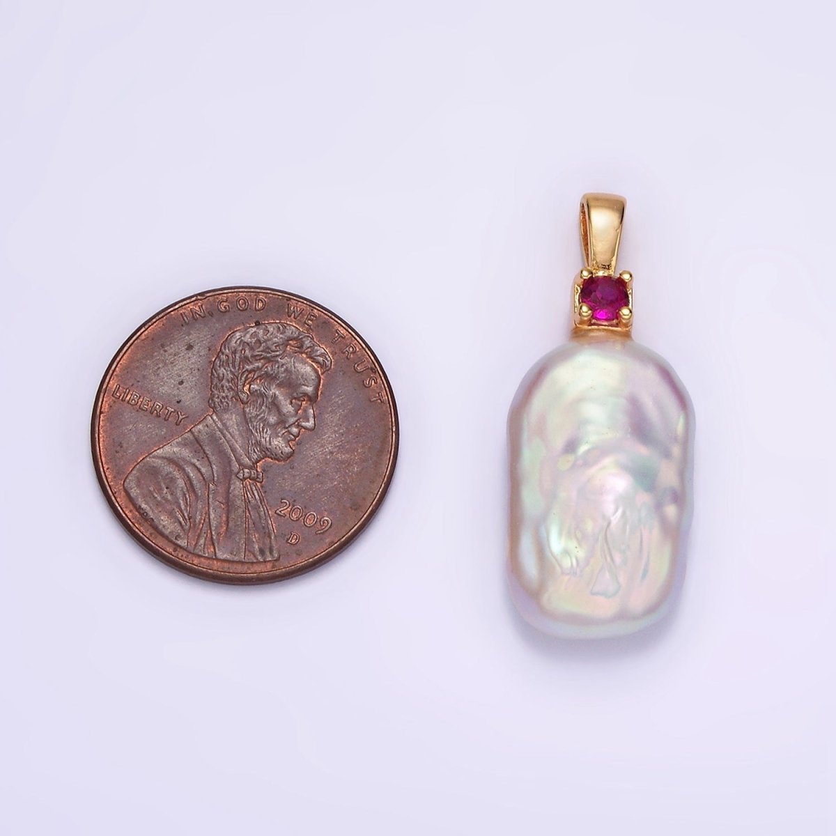 14K Gold plated 10mm White Rectangular Biwa Freshwater Pearl Green, Pink, Clear, Fuchsia CZ Pendant | P1600 - P1603 - DLUXCA