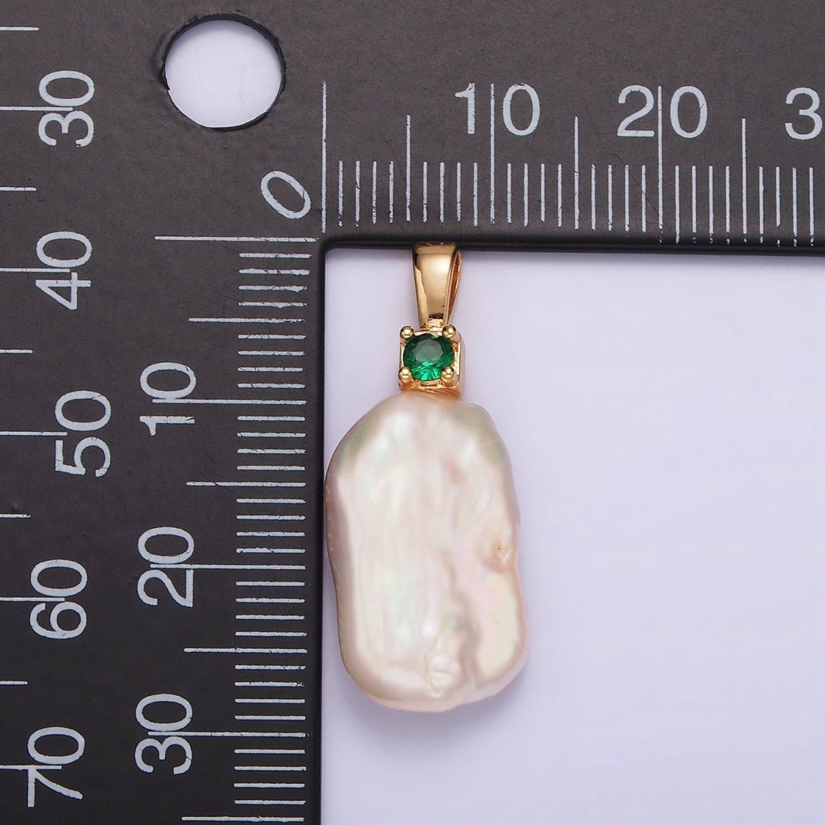 14K Gold plated 10mm White Rectangular Biwa Freshwater Pearl Green, Pink, Clear, Fuchsia CZ Pendant | P1600 - P1603 - DLUXCA