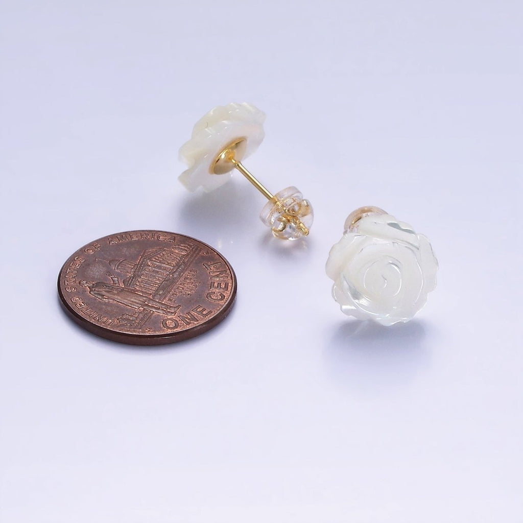 14K Gold plated 10mm White Rose Flower Shell Pearl Stud Earrings | AB1139 - DLUXCA