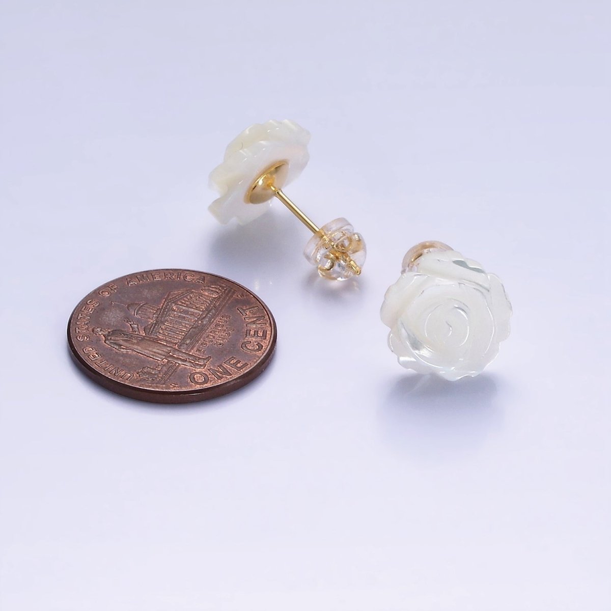14K Gold plated 10mm White Rose Flower Shell Pearl Stud Earrings | AB1139 - DLUXCA