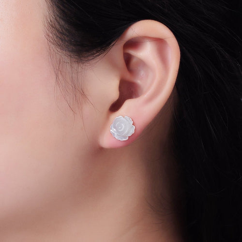 14K Gold plated 10mm White Rose Flower Shell Pearl Stud Earrings | AB1139 - DLUXCA