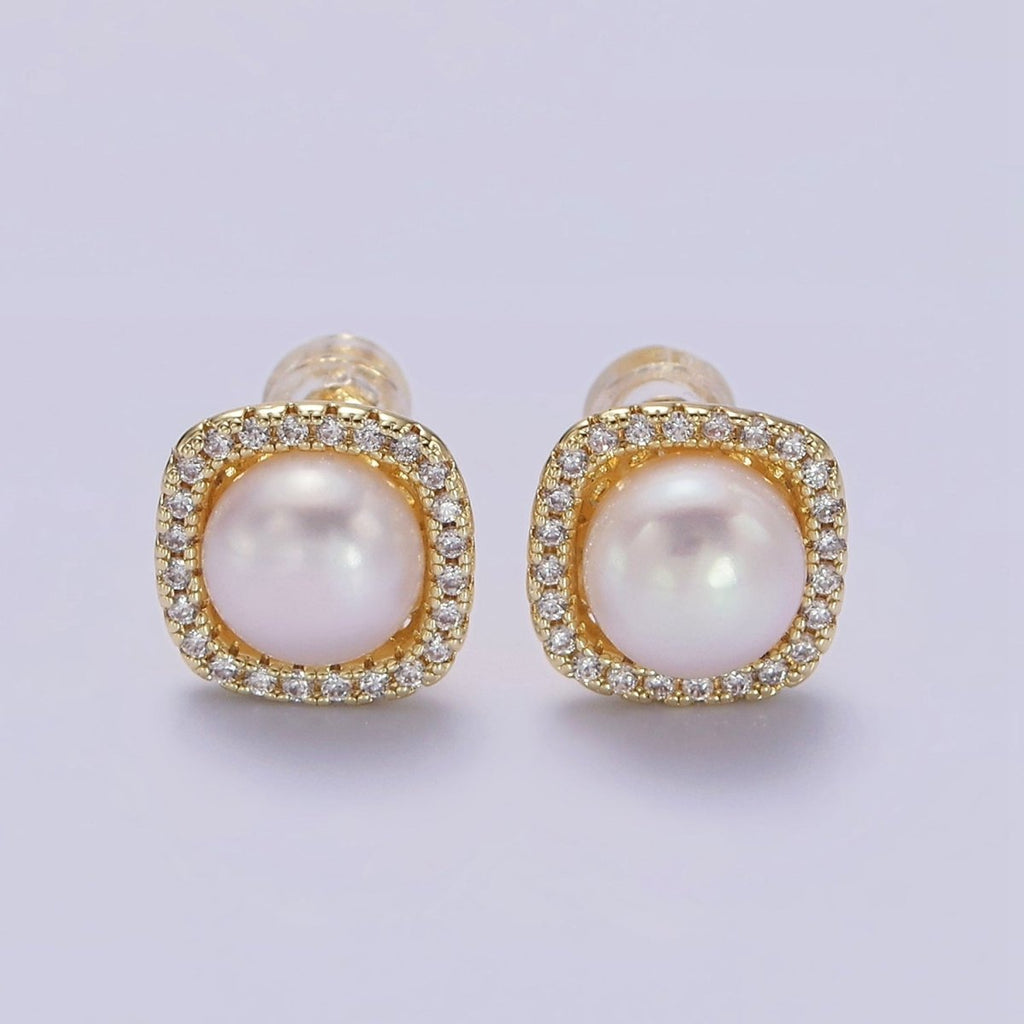 14K Gold plated 11mm Pearl Clear Micro Paved CZ Rounded Square Stud Earrings | AE750 - DLUXCA