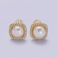 14K Gold plated 11mm Pearl Clear Micro Paved CZ Rounded Square Stud Earrings | AE750 - DLUXCA