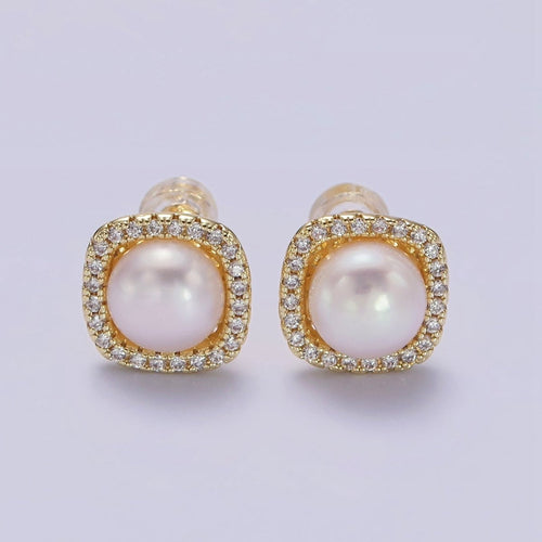 14K Gold plated 11mm Pearl Clear Micro Paved CZ Rounded Square Stud Earrings | AE750 - DLUXCA