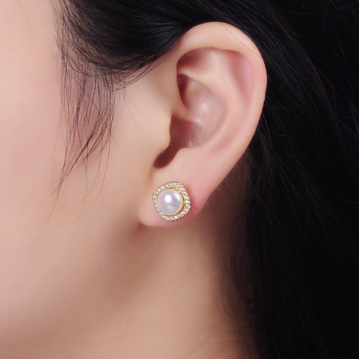 14K Gold plated 11mm Pearl Clear Micro Paved CZ Rounded Square Stud Earrings | AE750 - DLUXCA