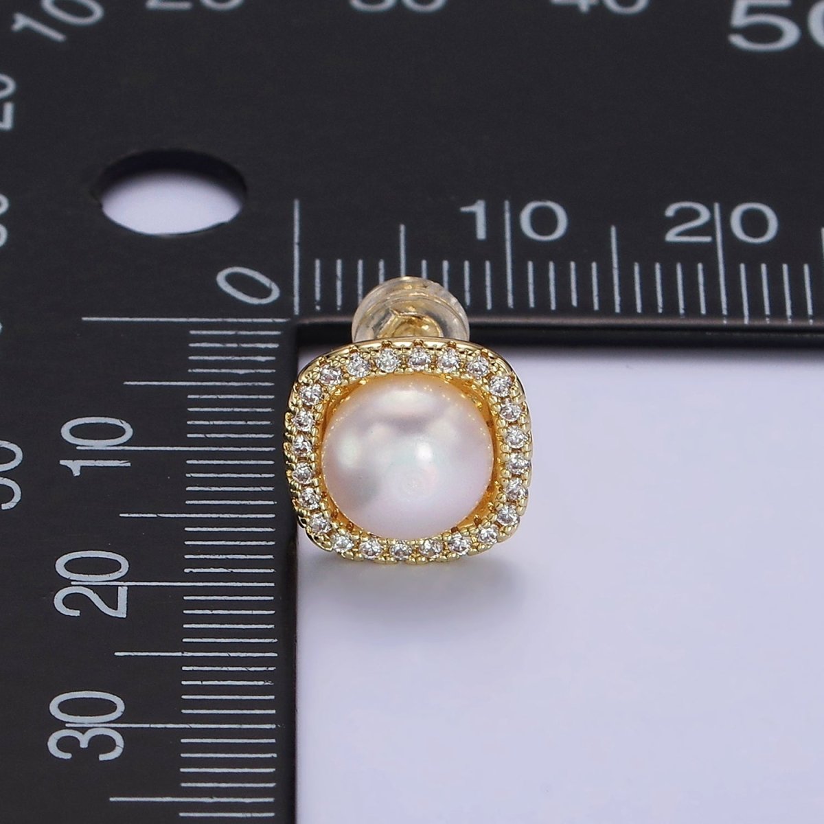 14K Gold plated 11mm Pearl Clear Micro Paved CZ Rounded Square Stud Earrings | AE750 - DLUXCA