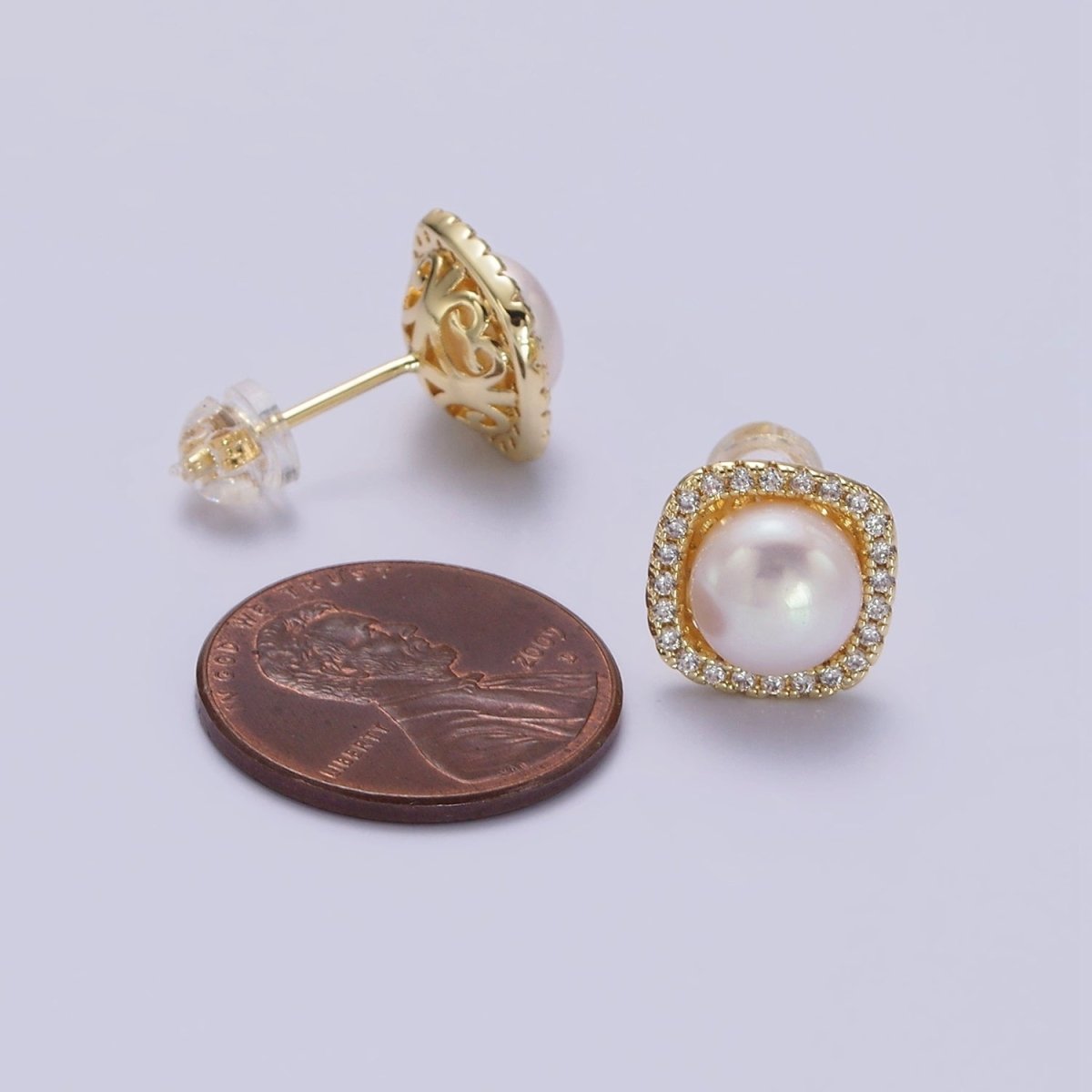 14K Gold plated 11mm Pearl Clear Micro Paved CZ Rounded Square Stud Earrings | AE750 - DLUXCA
