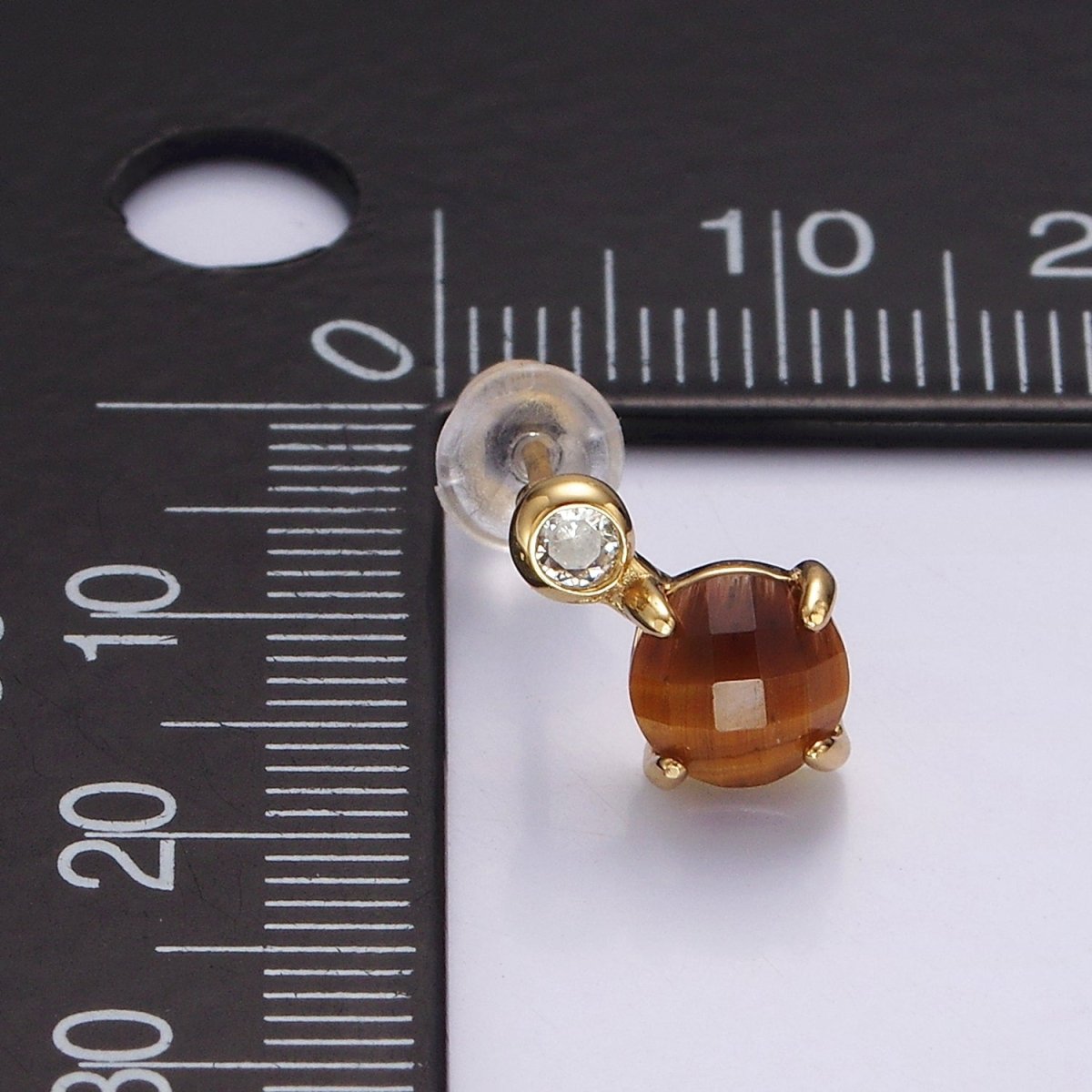 14K Gold plated 11mm Tiger Eye, Black Agate Multifaceted Round CZ Drop Stud Earrings | V-046 - V-048 - DLUXCA