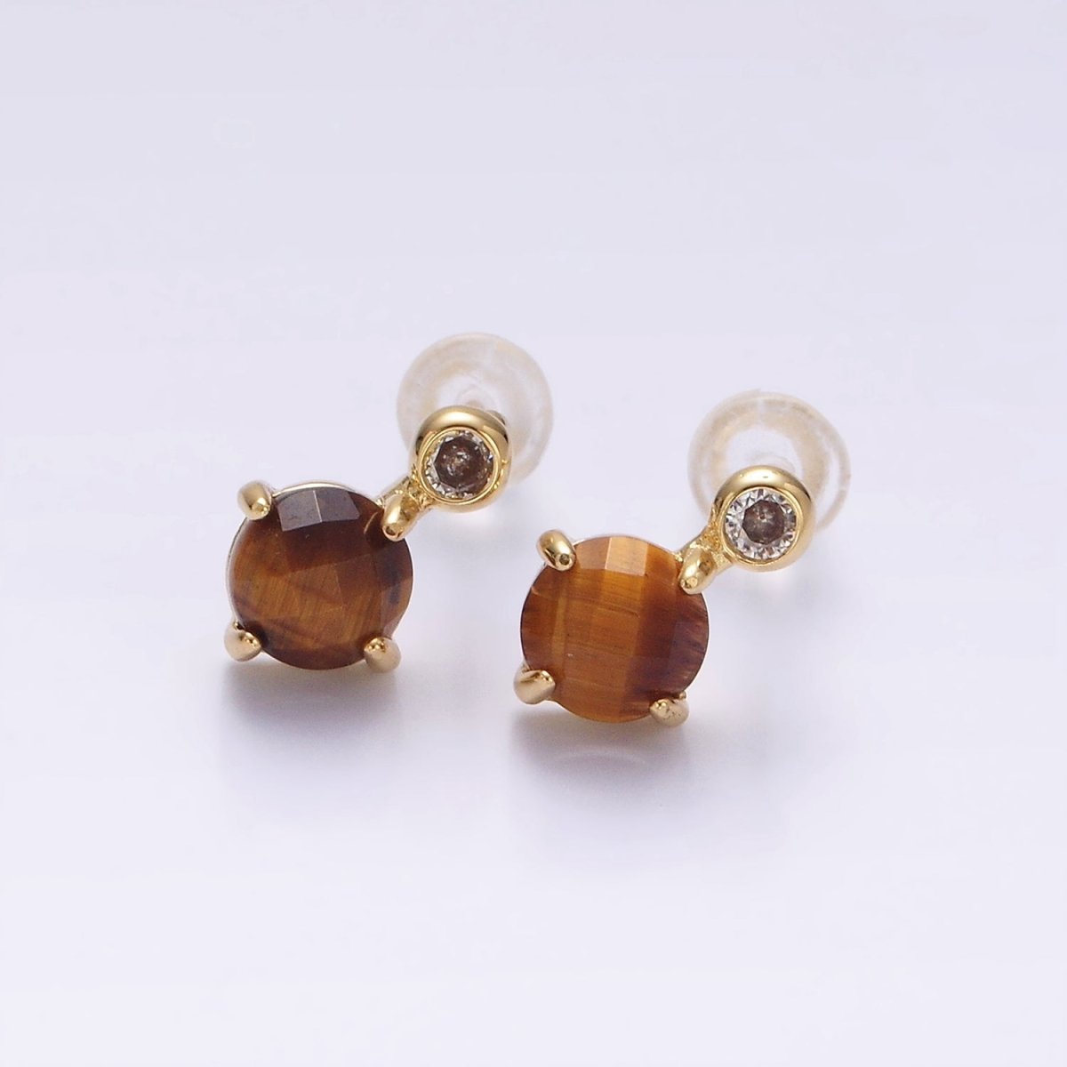 14K Gold plated 11mm Tiger Eye, Black Agate Multifaceted Round CZ Drop Stud Earrings | V-046 - V-048 - DLUXCA