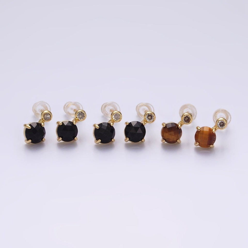 14K Gold plated 11mm Tiger Eye, Black Agate Multifaceted Round CZ Drop Stud Earrings | V-046 - V-048 - DLUXCA