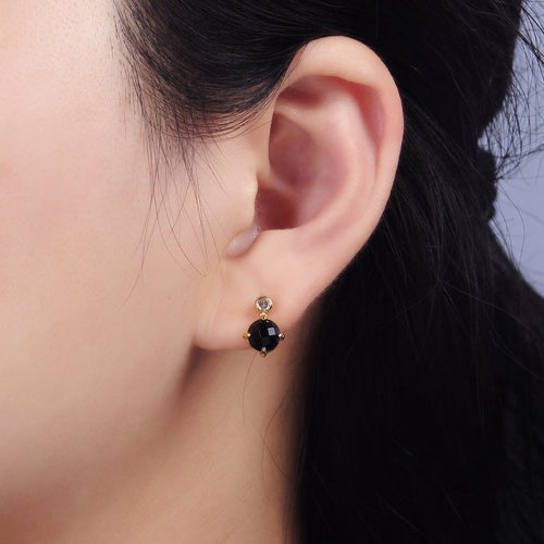 14K Gold plated 11mm Tiger Eye, Black Agate Multifaceted Round CZ Drop Stud Earrings | V-046 - V-048 - DLUXCA