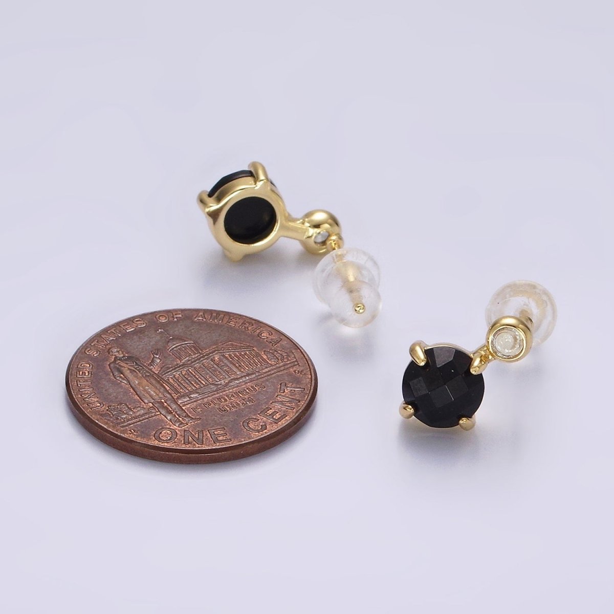 14K Gold plated 11mm Tiger Eye, Black Agate Multifaceted Round CZ Drop Stud Earrings | V-046 - V-048 - DLUXCA