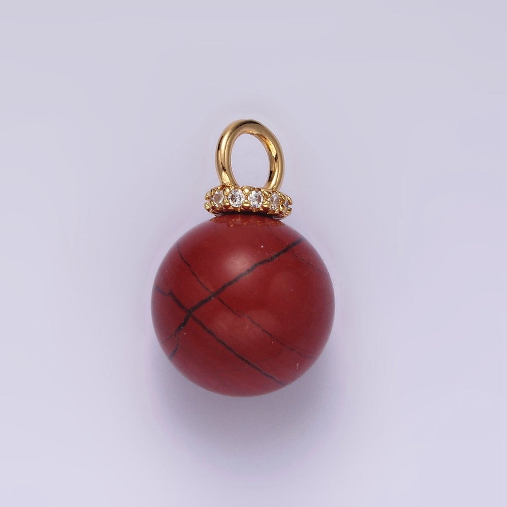 14K Gold plated 12.5mm Red Jasper Round Sphere Ball Gemstone Micro Paved CZ Pendant | AG449 - DLUXCA