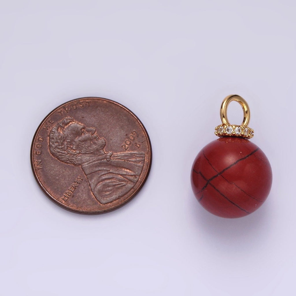 14K Gold plated 12.5mm Red Jasper Round Sphere Ball Gemstone Micro Paved CZ Pendant | AG449 - DLUXCA