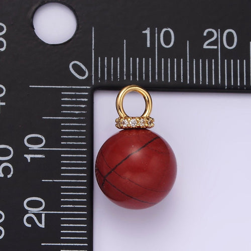 14K Gold plated 12.5mm Red Jasper Round Sphere Ball Gemstone Micro Paved CZ Pendant | AG449 - DLUXCA