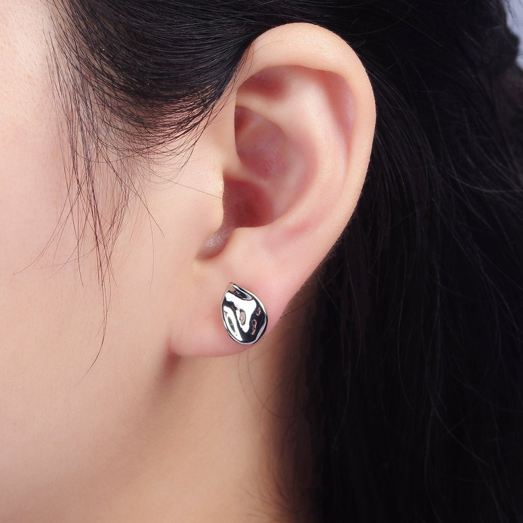 14K Gold plated 12mm Hammered Teardrop Minimalist Stud Earrings in Gold & Silver | V475 V476