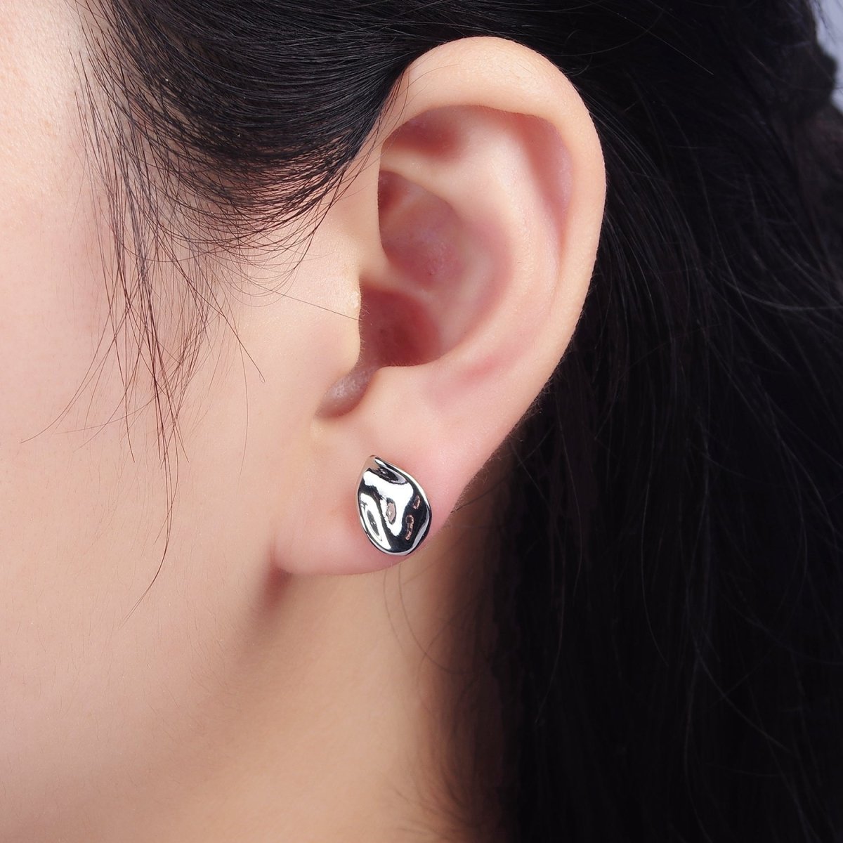 14K Gold plated 12mm Hammered Teardrop Minimalist Stud Earrings in Gold & Silver | V475 V476