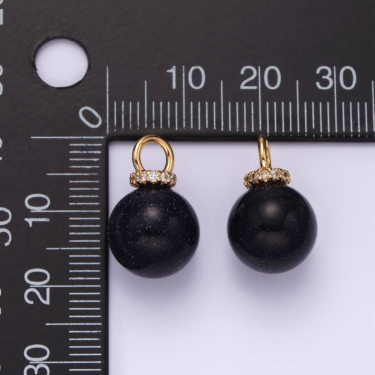 14K Gold plated 12mm Synthetic Blue Goldstone Round Sphere Ball Micro Paved CZ Pendant | N1020 - DLUXCA