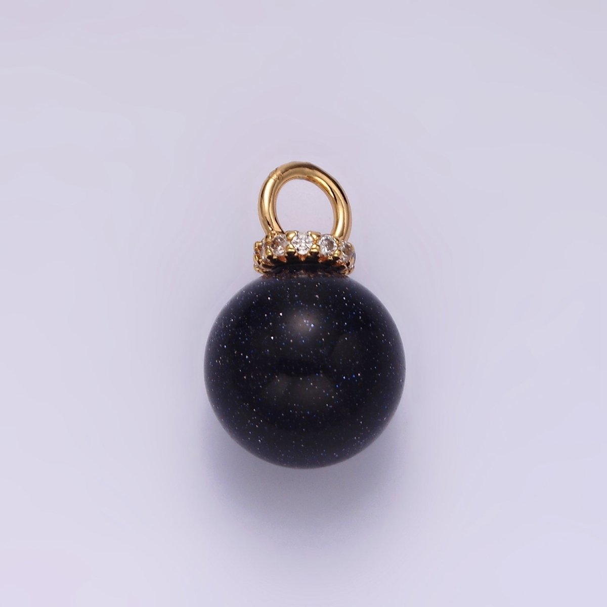 14K Gold plated 12mm Synthetic Blue Goldstone Round Sphere Ball Micro Paved CZ Pendant | N1020 - DLUXCA