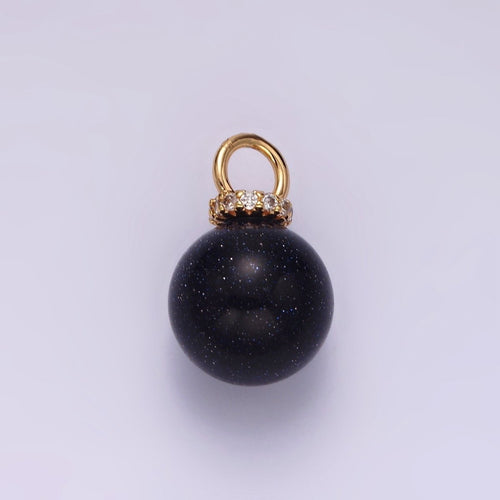 14K Gold plated 12mm Synthetic Blue Goldstone Round Sphere Ball Micro Paved CZ Pendant | N1020 - DLUXCA
