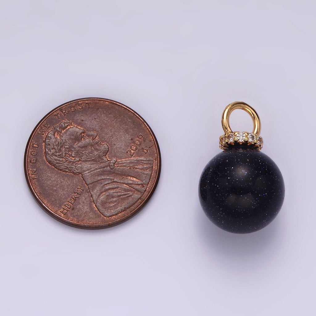 14K Gold plated 12mm Synthetic Blue Goldstone Round Sphere Ball Micro Paved CZ Pendant | N1020 - DLUXCA