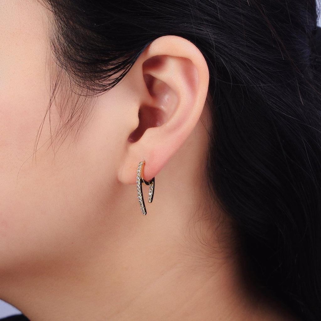 14K Gold plated 13.5mm Geometric Claw Micro Paved CZ Huggie Earrings | AB271 - DLUXCA