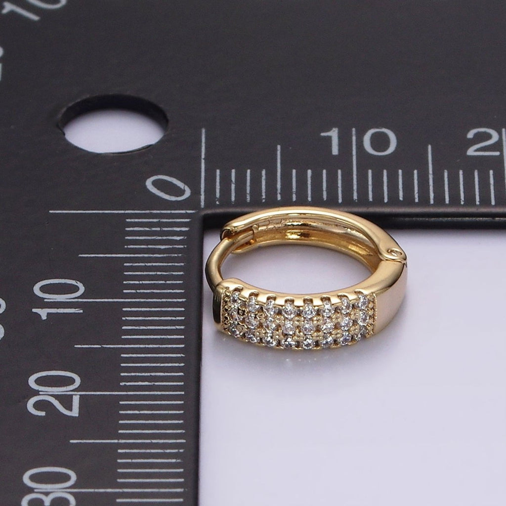 14K Gold plated 13mm Clear CZ Triple Lined Micro Paved Huggie Earrings | V044 - DLUXCA