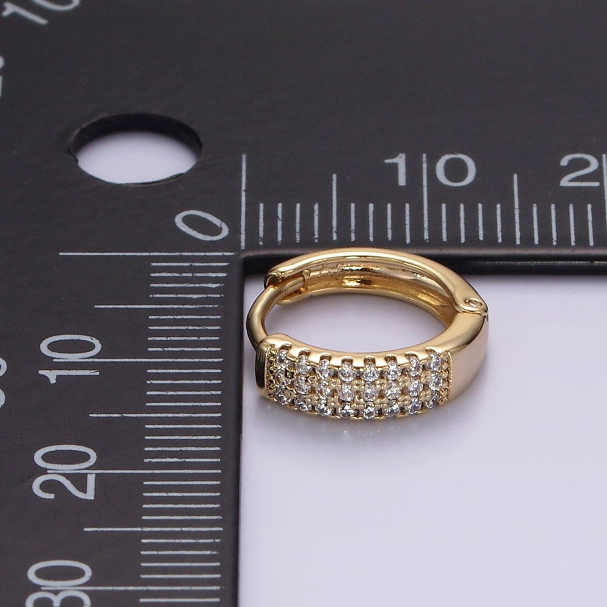 14K Gold plated 13mm Clear CZ Triple Lined Micro Paved Huggie Earrings | V044 - DLUXCA