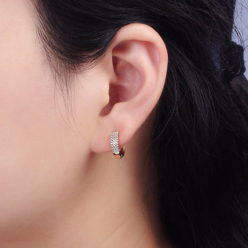 14K Gold plated 13mm Clear CZ Triple Lined Micro Paved Huggie Earrings | V044 - DLUXCA