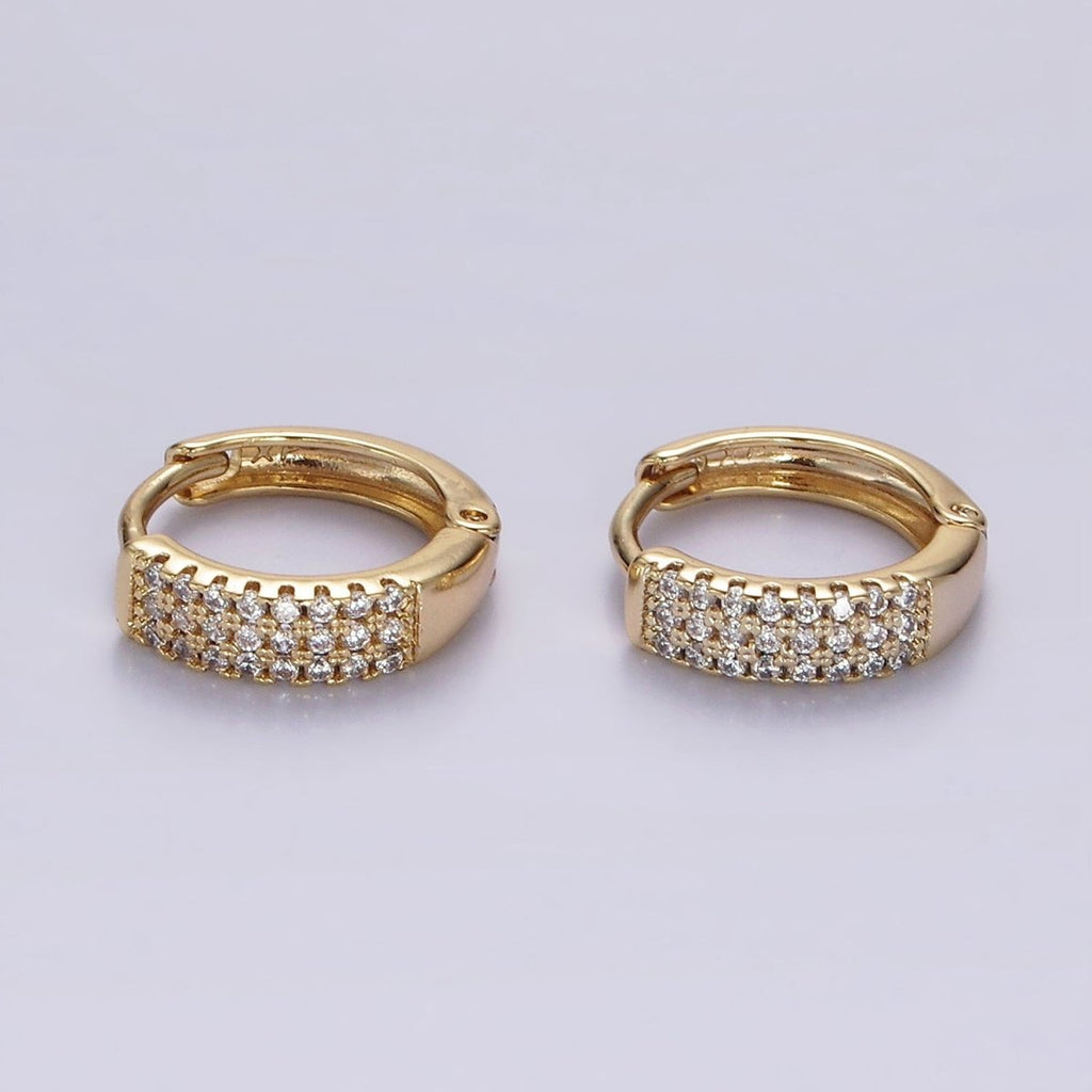 14K Gold plated 13mm Clear CZ Triple Lined Micro Paved Huggie Earrings | V044 - DLUXCA
