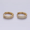 14K Gold plated 13mm Clear CZ Triple Lined Micro Paved Huggie Earrings | V044 - DLUXCA