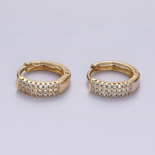 14K Gold plated 13mm Clear CZ Triple Lined Micro Paved Huggie Earrings | V044 - DLUXCA