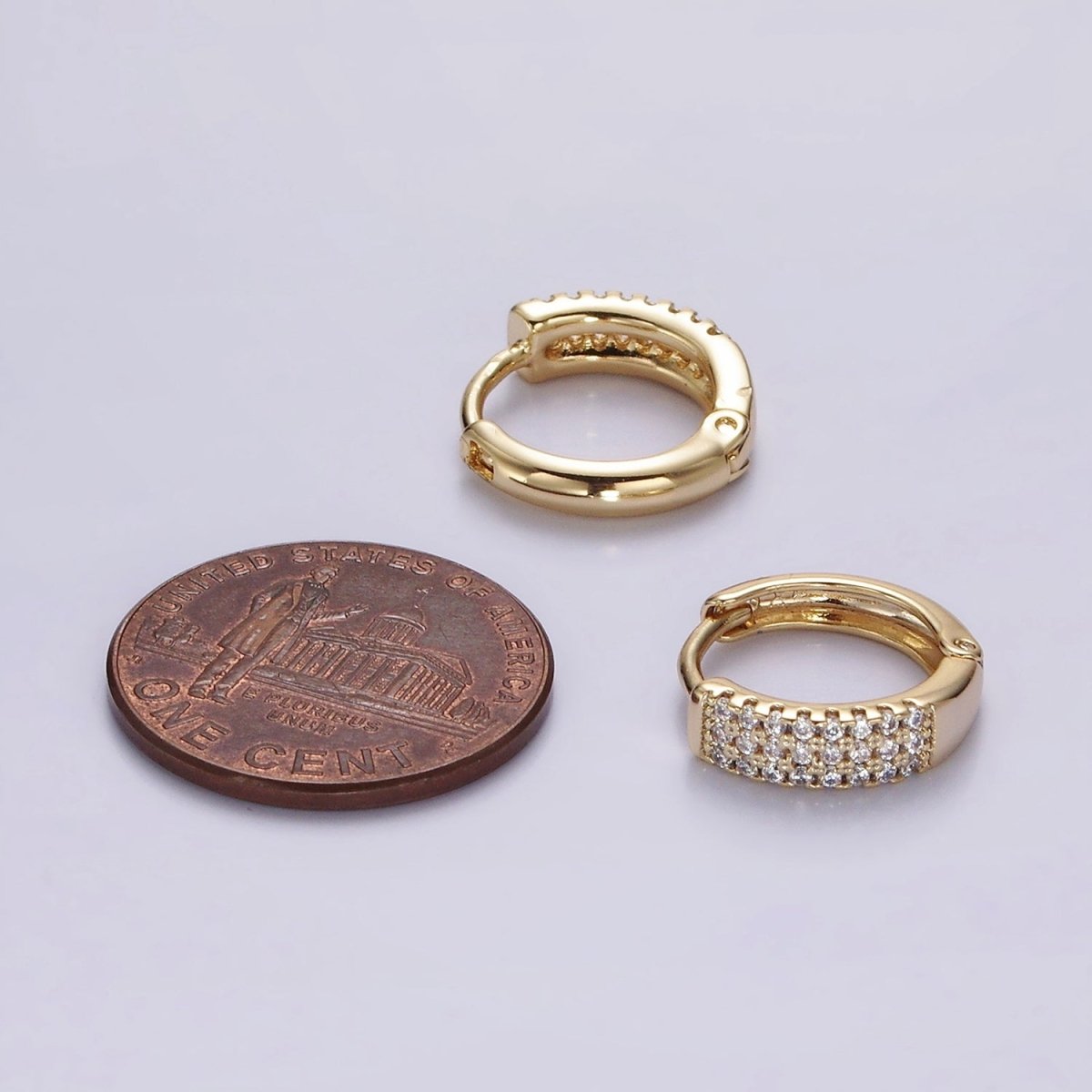 14K Gold plated 13mm Clear CZ Triple Lined Micro Paved Huggie Earrings | V044 - DLUXCA
