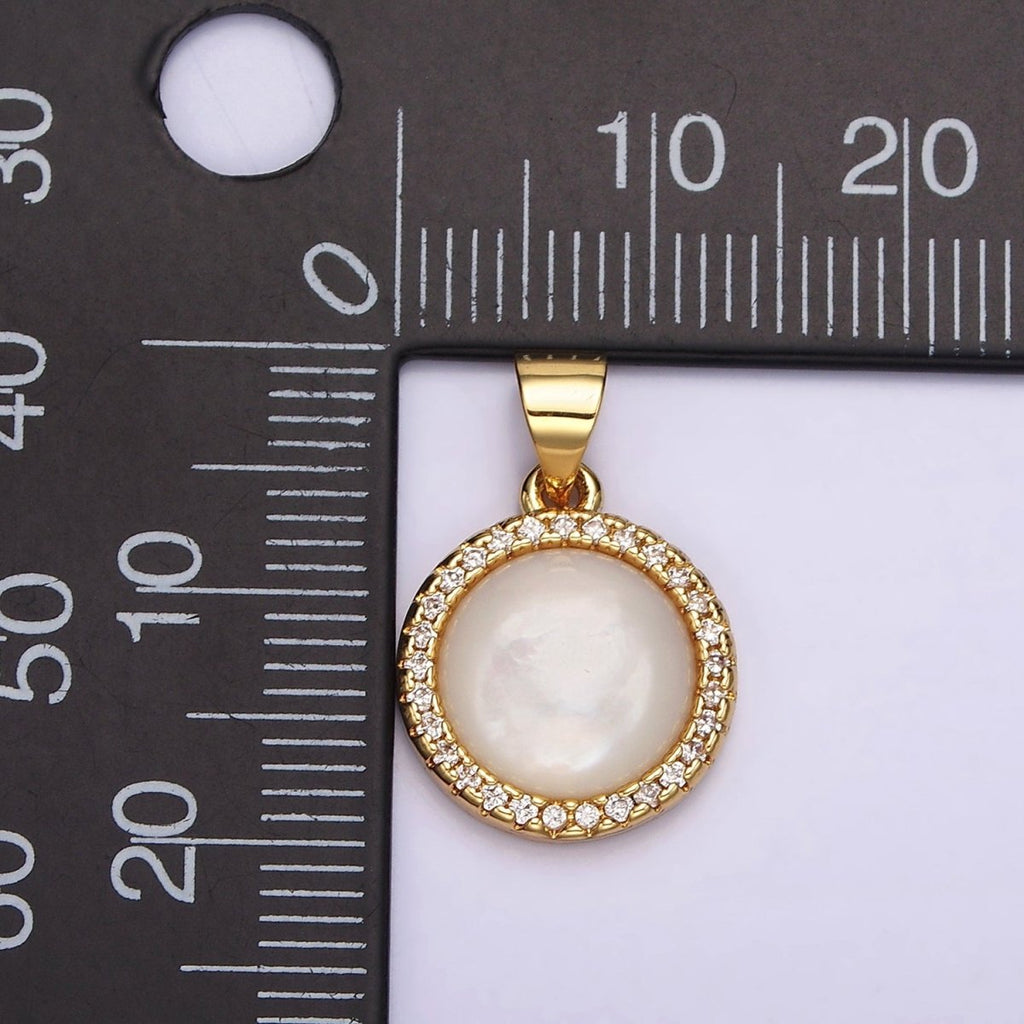 14K Gold plated 13mm Moonstone Gemstone Micro Paved CZ Round Pendant | N1937 - DLUXCA