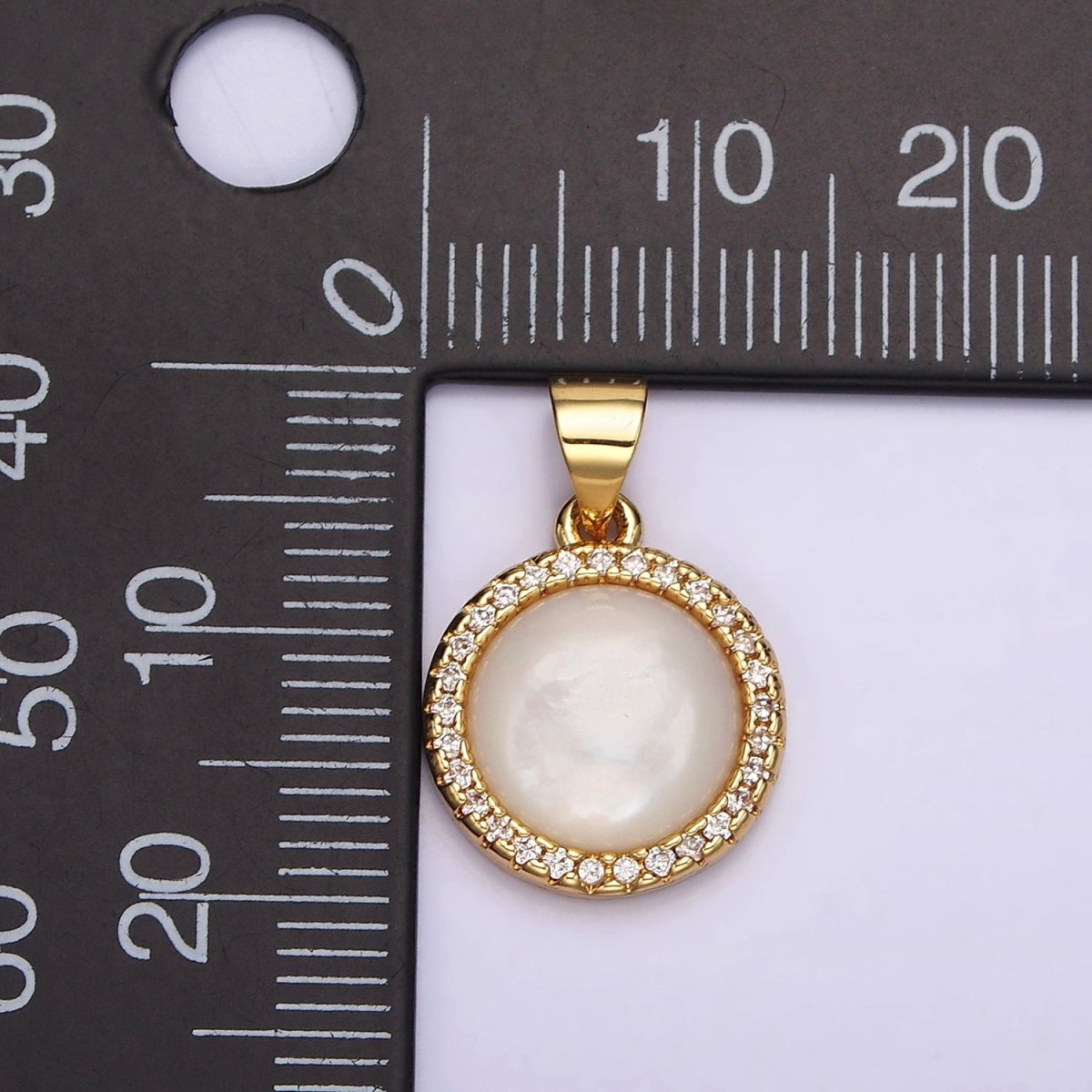 14K Gold plated 13mm Moonstone Gemstone Micro Paved CZ Round Pendant | N1937 - DLUXCA