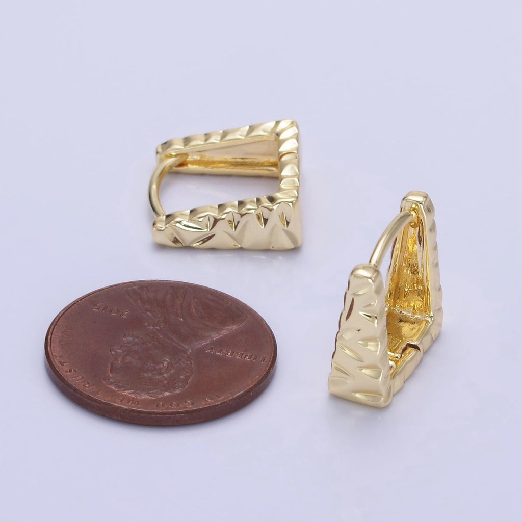 14K Gold plated 13mm Triangle Hammered Square Huggie Earrings | AB1266 - DLUXCA