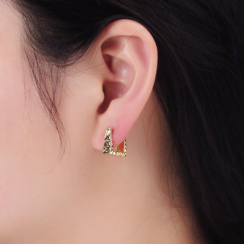 14K Gold plated 13mm Triangle Hammered Square Huggie Earrings | AB1266 - DLUXCA
