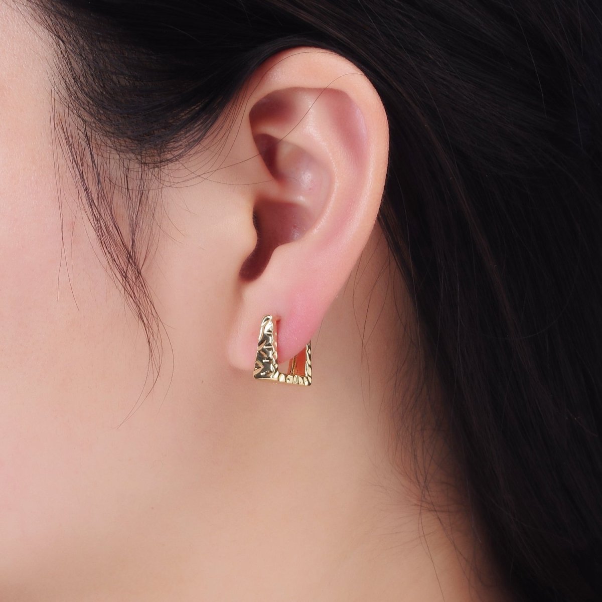 14K Gold plated 13mm Triangle Hammered Square Huggie Earrings | AB1266 - DLUXCA