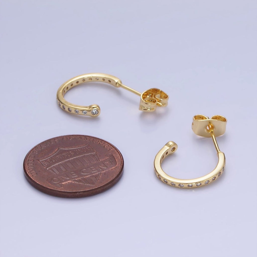 14K Gold plated 14mm CZ Dotted C-Shaped Hoop Earrings | AB1345 - DLUXCA