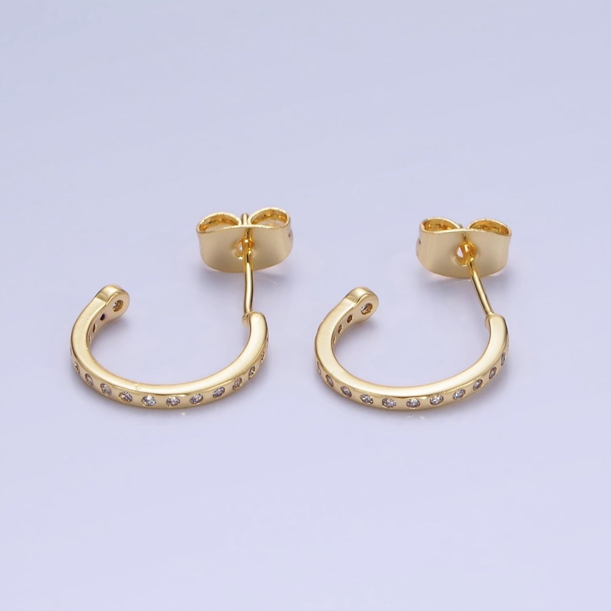 14K Gold plated 14mm CZ Dotted C-Shaped Hoop Earrings | AB1345 - DLUXCA