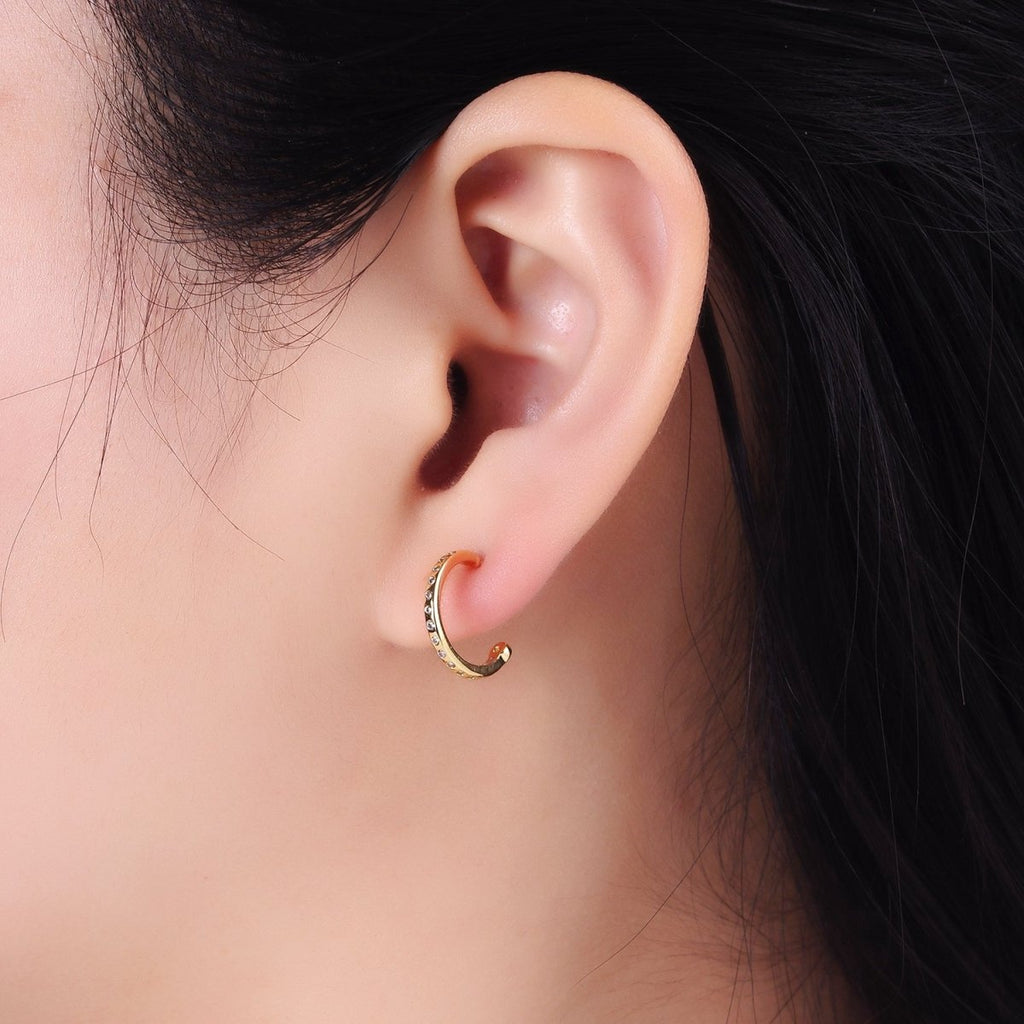 14K Gold plated 14mm CZ Dotted C-Shaped Hoop Earrings | AB1345 - DLUXCA