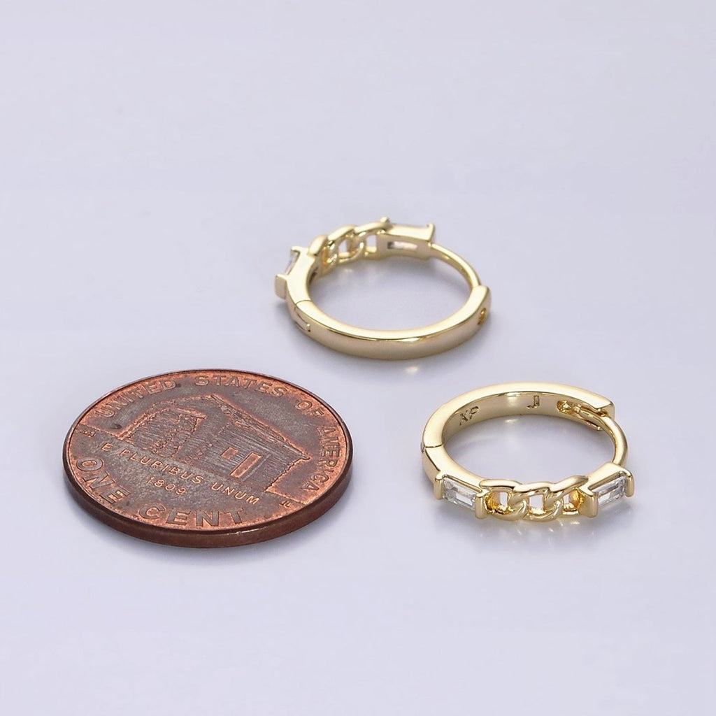 14K Gold plated 14mm Double Baguette Curb Link Huggie Earrings | AE588 - DLUXCA