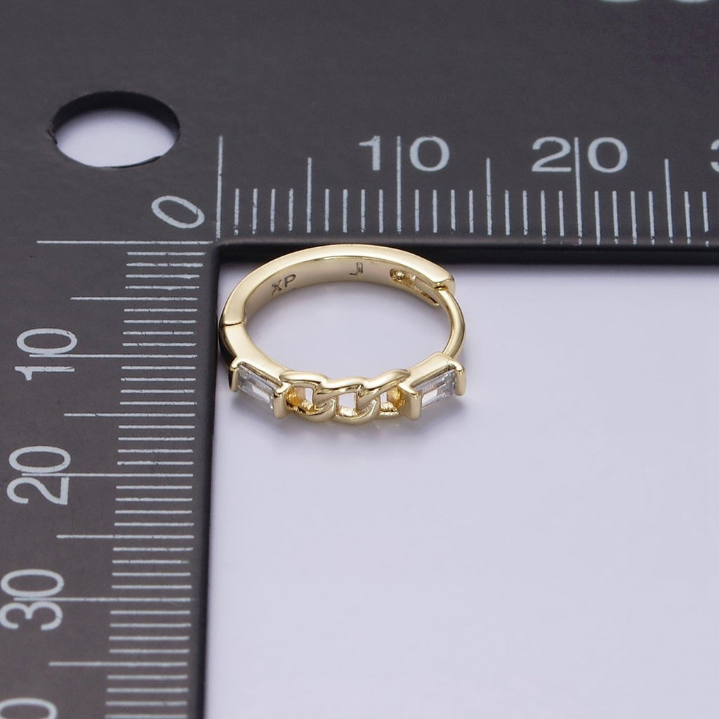 14K Gold plated 14mm Double Baguette Curb Link Huggie Earrings | AE588 - DLUXCA