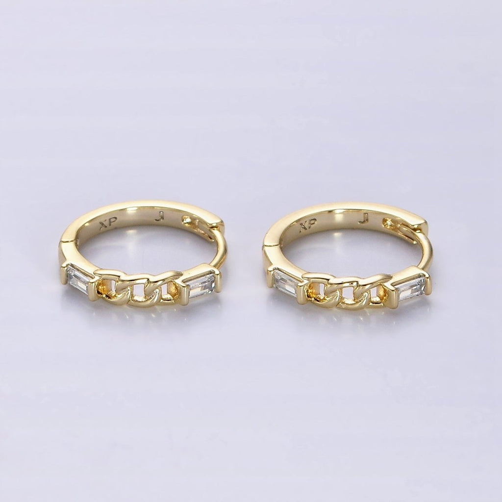 14K Gold plated 14mm Double Baguette Curb Link Huggie Earrings | AE588 - DLUXCA