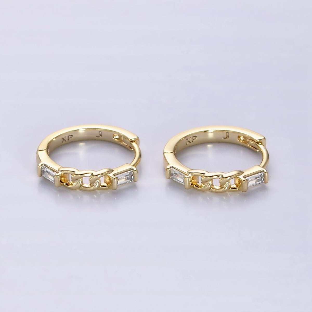14K Gold plated 14mm Double Baguette Curb Link Huggie Earrings | AE588 - DLUXCA