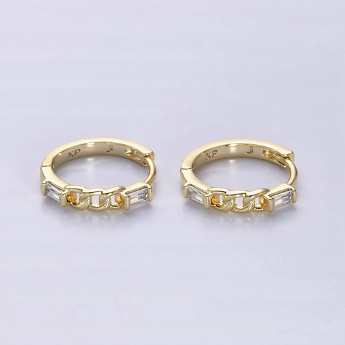 14K Gold plated 14mm Double Baguette Curb Link Huggie Earrings | AE588 - DLUXCA